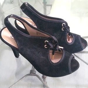 Suede open toe heels